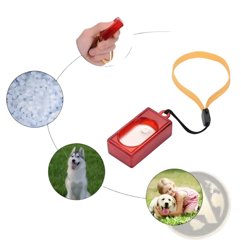 Red plastic dog waste disposal container with yellow strap and black clip for dog training clicker pet trainer tool