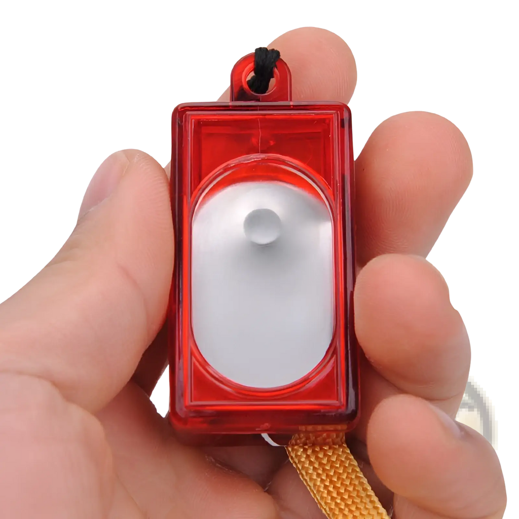 Dog training clicker square pet trainer red tool with red translucent plastic keychain flashlight and black cord loop