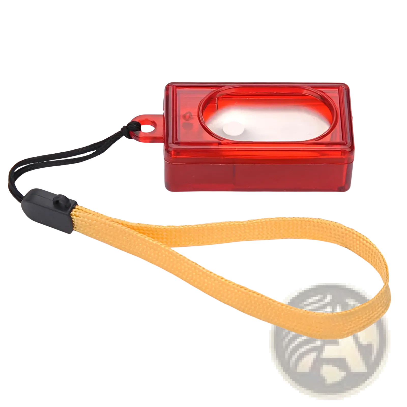Red translucent plastic camera lens cover with yellow fabric strap and black clasp for dog training clicker square pet trainer tool