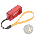 Red translucent plastic handheld dog training clicker with yellow wrist strap and black clasp for pet training