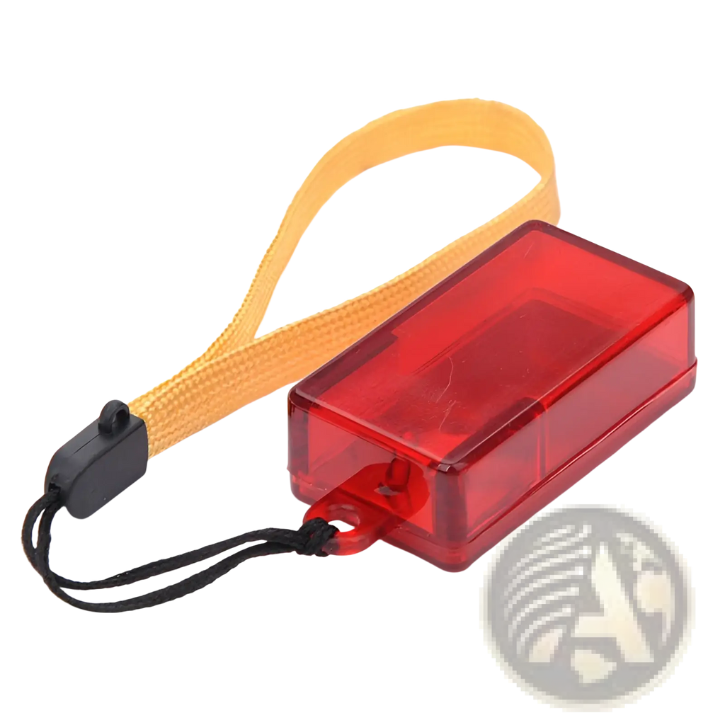 Red translucent plastic camera strap holder with yellow fabric loop and black cord for dog training clicker square pet trainer