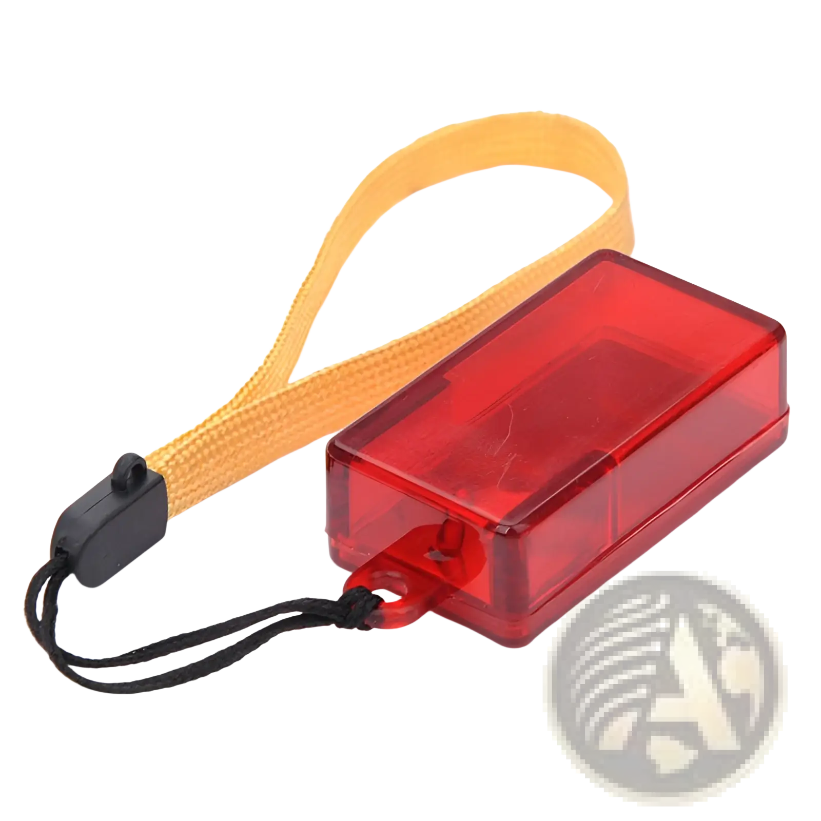 Red translucent plastic camera strap holder with yellow fabric loop and black cord for dog training clicker square pet trainer