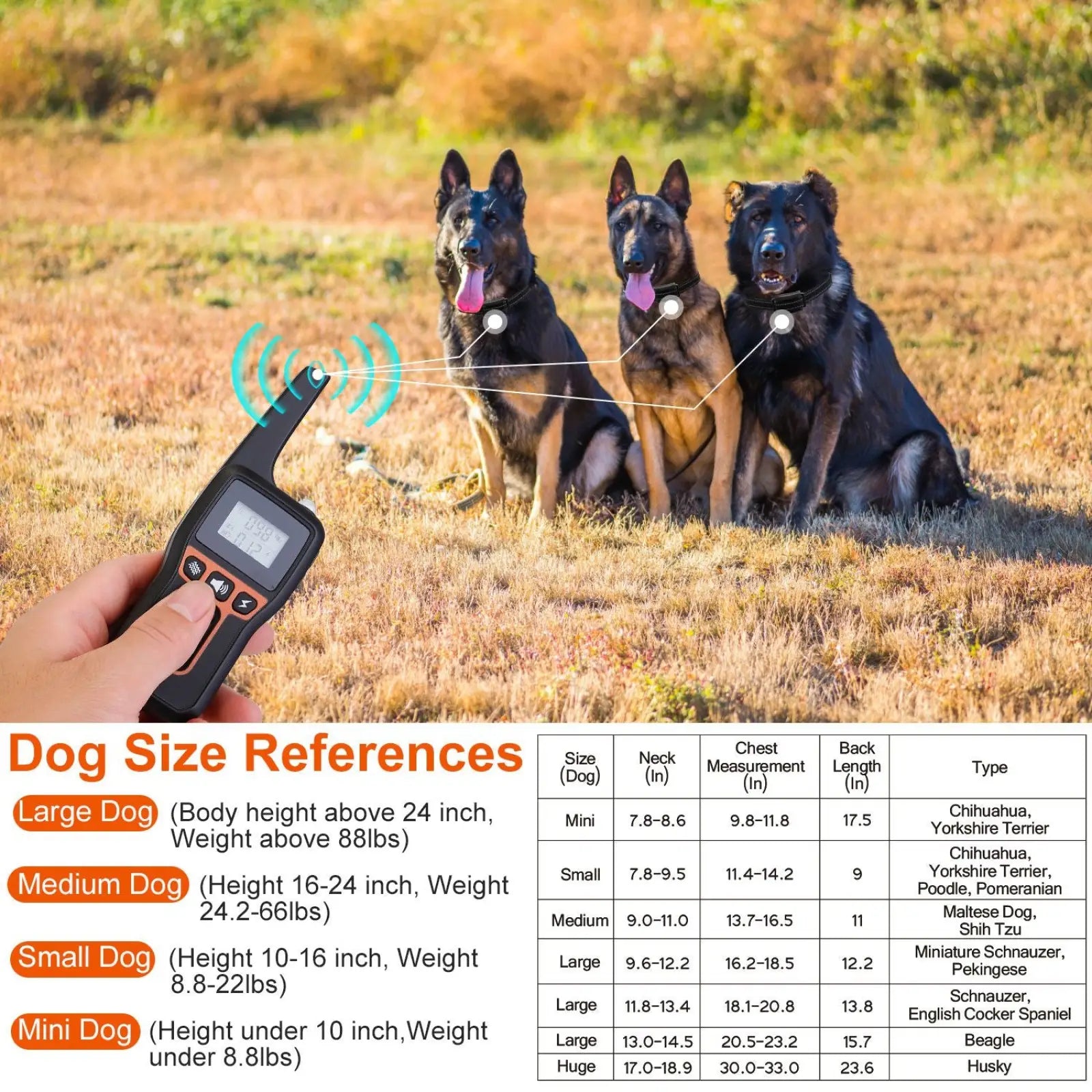 Black and orange remote dog trainer with digital display and buttons for dog training collar 3280ft waterproof shock system