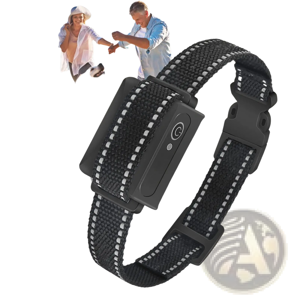 Black woven dog training collar with reflective white stitching, adjustable belt design, and black plastic buckle