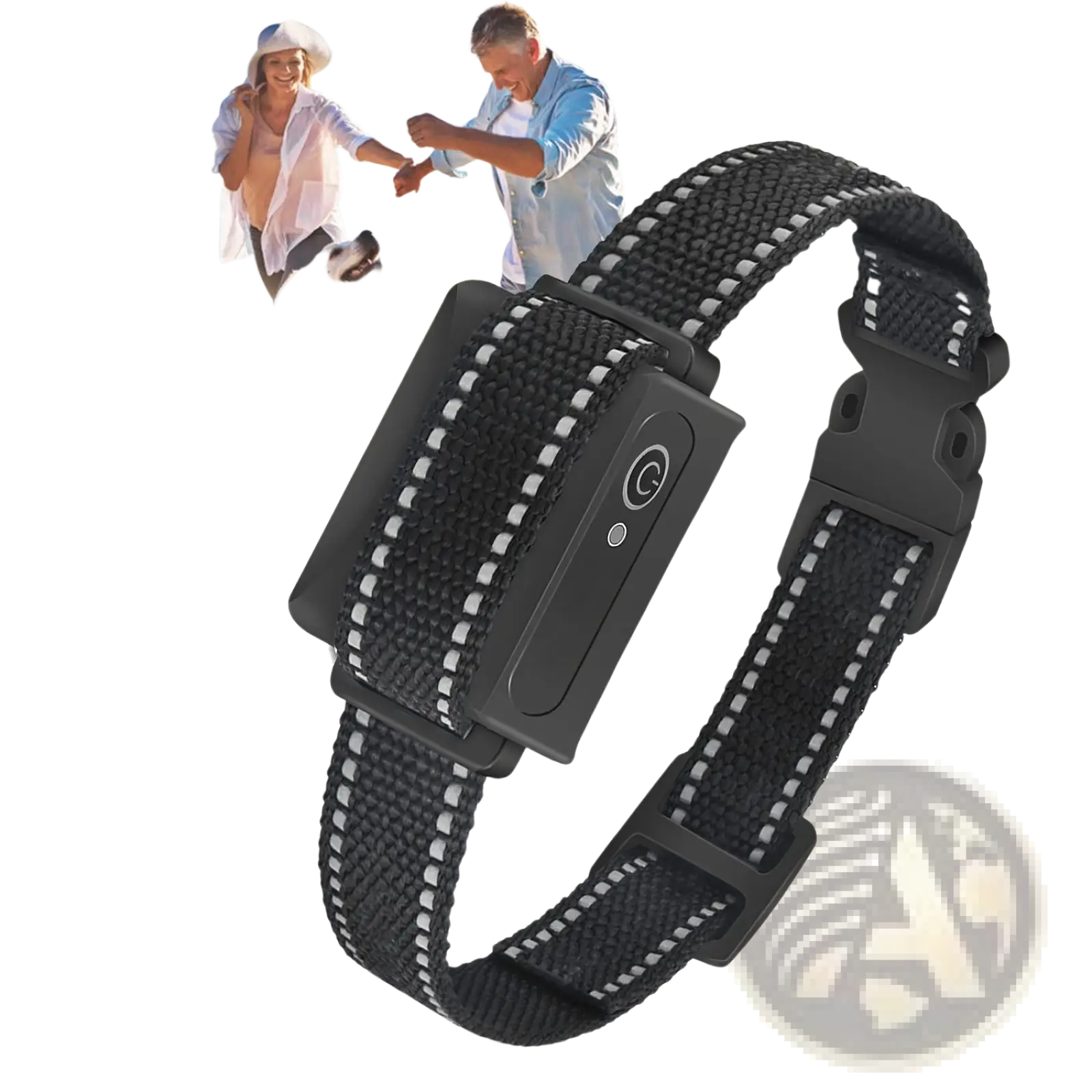 Black woven dog training collar with reflective white stitching, adjustable belt design, and black plastic buckle