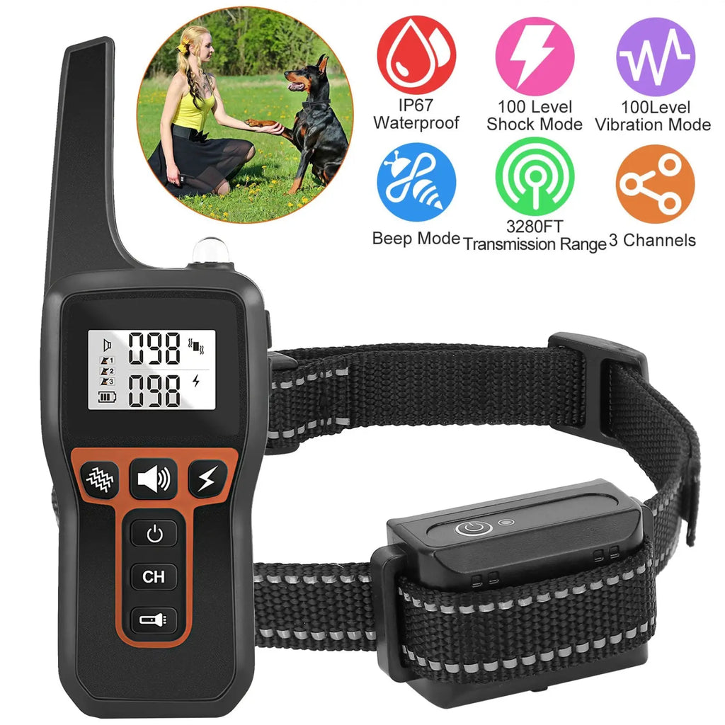 Black and orange dog training collar 3280ft waterproof system with shock and vibration remote control modes