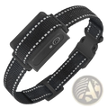 Black woven dog training collar with reflective white stitching and integrated electronic control unit for shock system
