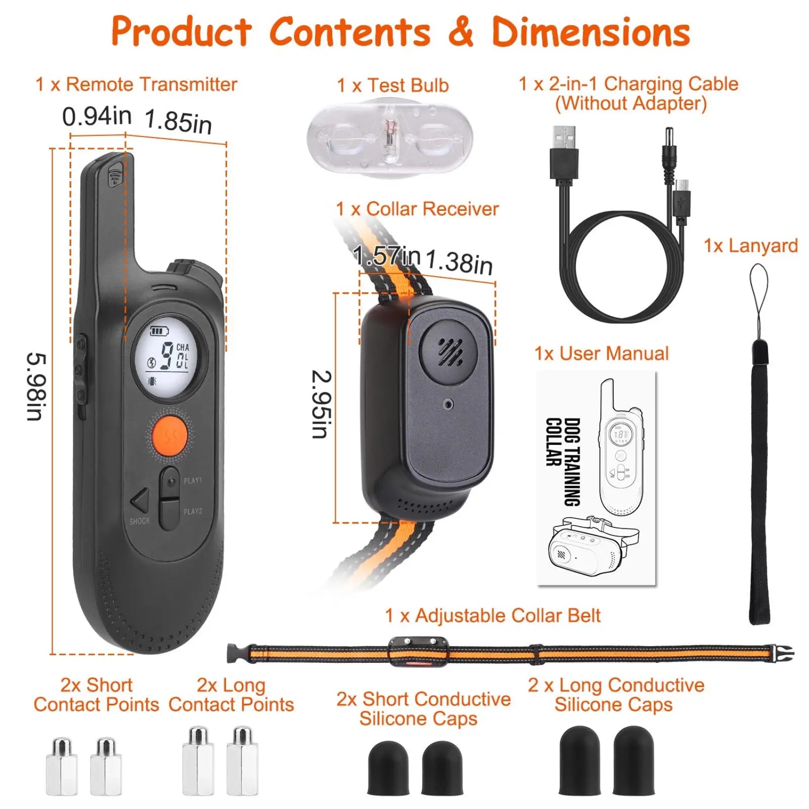 Black and orange dog training collar transmitter with circular digital display and matching waterproof receiver for 984ft range
