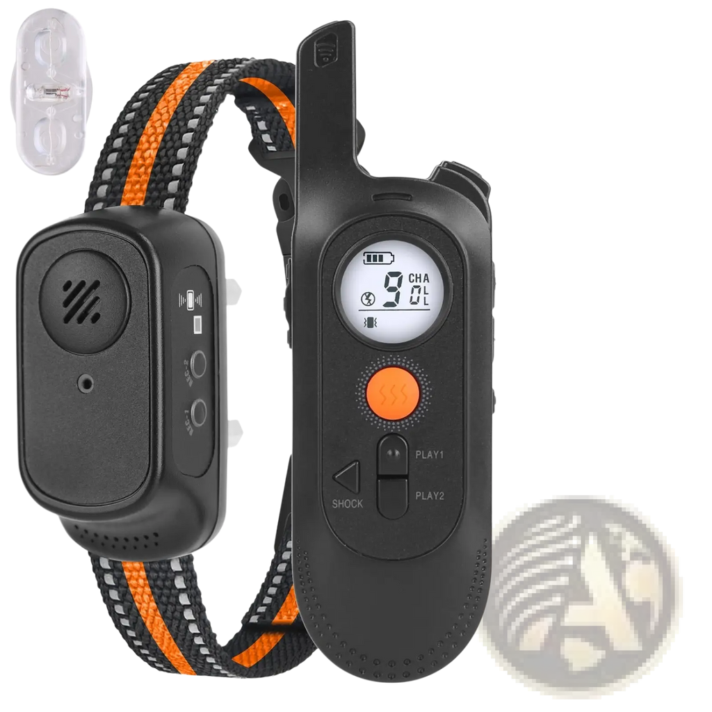 Black and orange dog training collar with 984ft range waterproof remote featuring 9-level vibration and shock modes
