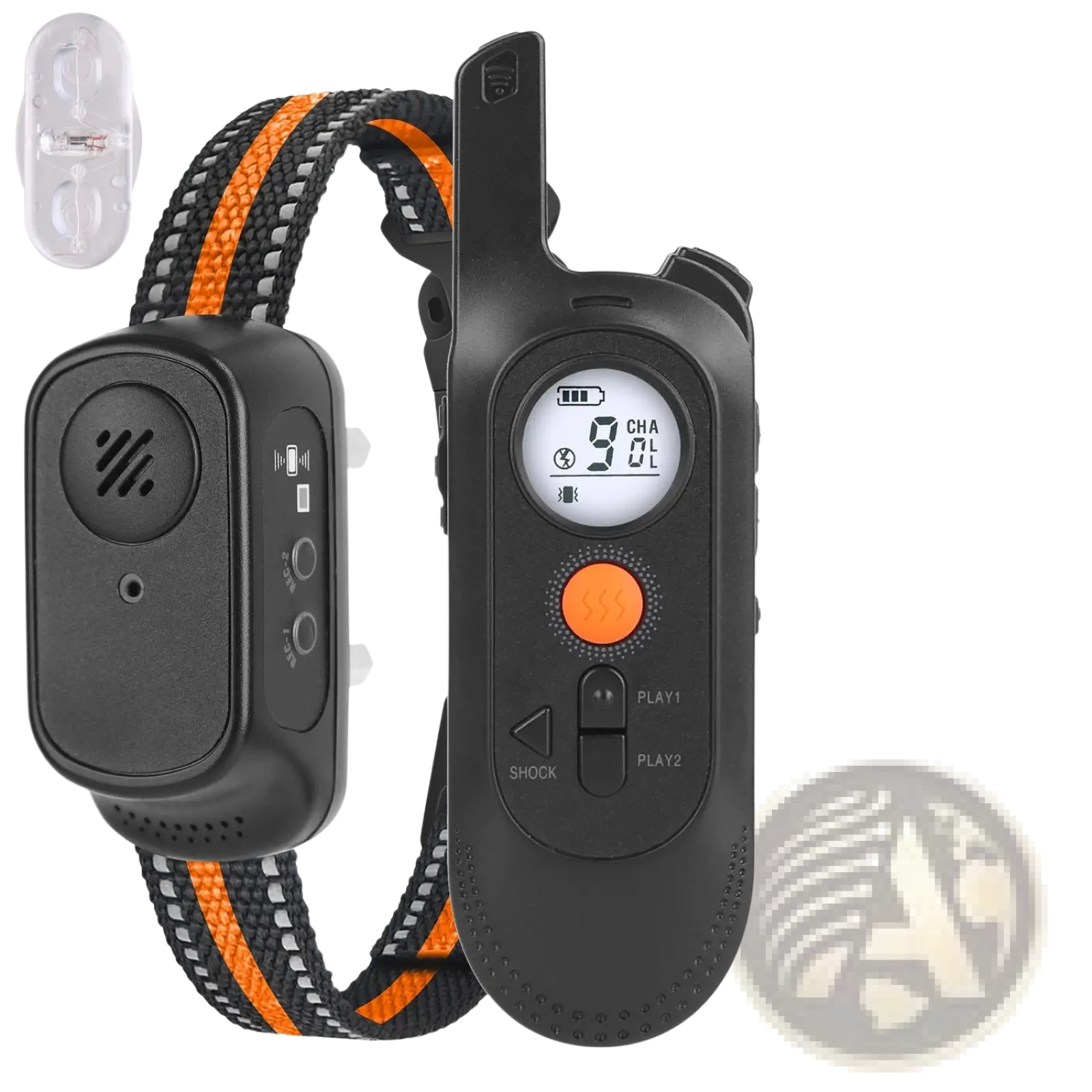 Black and orange dog training collar with 984ft range waterproof remote featuring 9-level vibration and shock modes