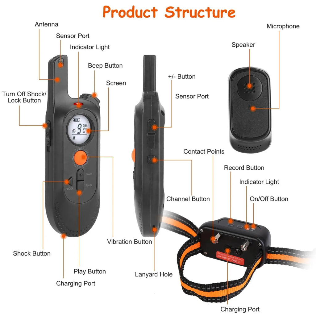 Black and orange dog training collar with built-in shocker unit and digital display remote for 984ft waterproof use