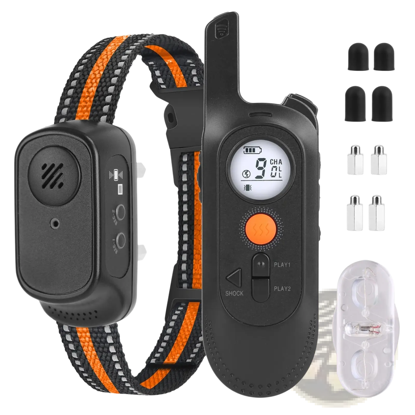 Black and orange dog training collar with waterproof remote control featuring voice record and 984ft range