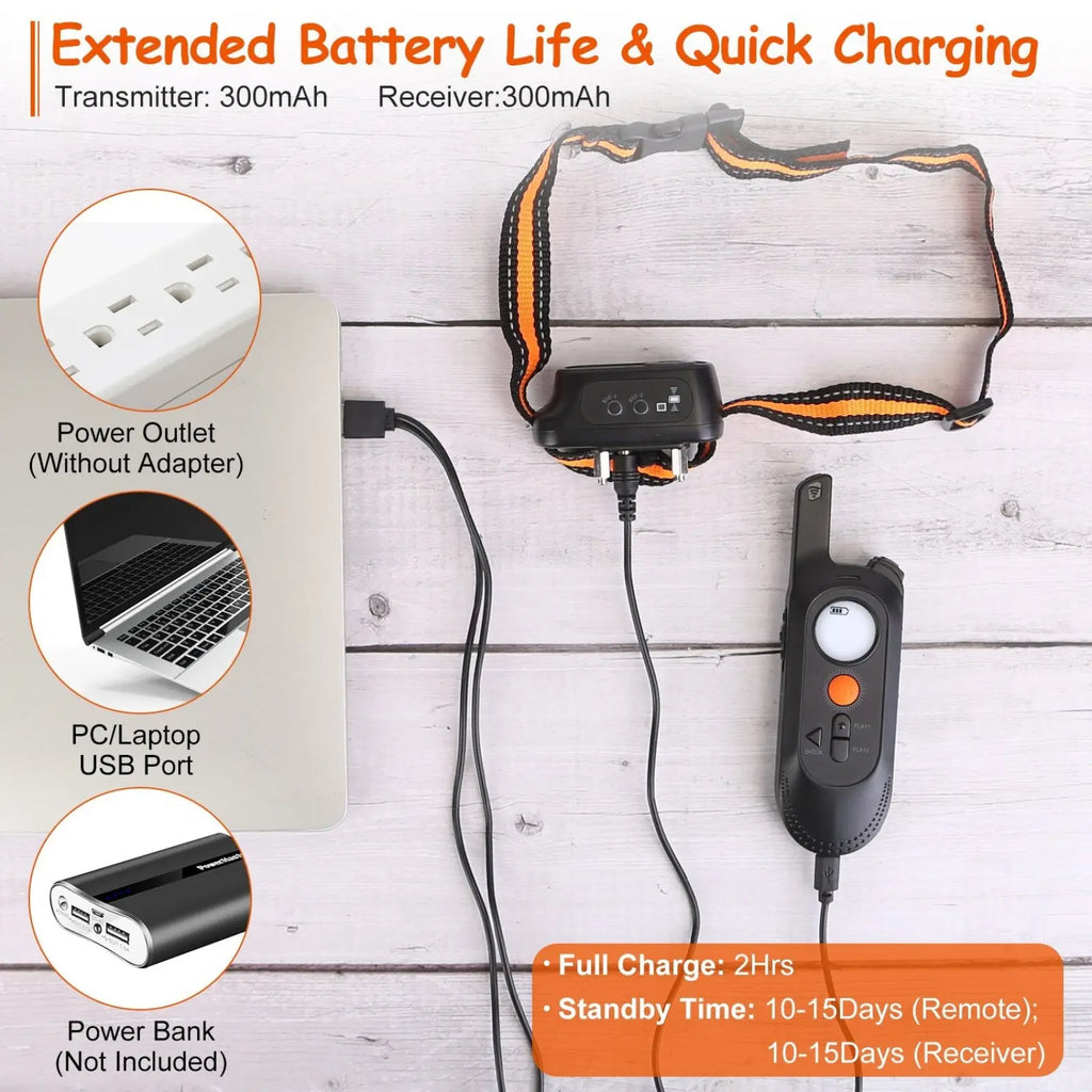 Black and orange dog training collar with built-in receiver and matching remote control 984ft waterproof with voice record