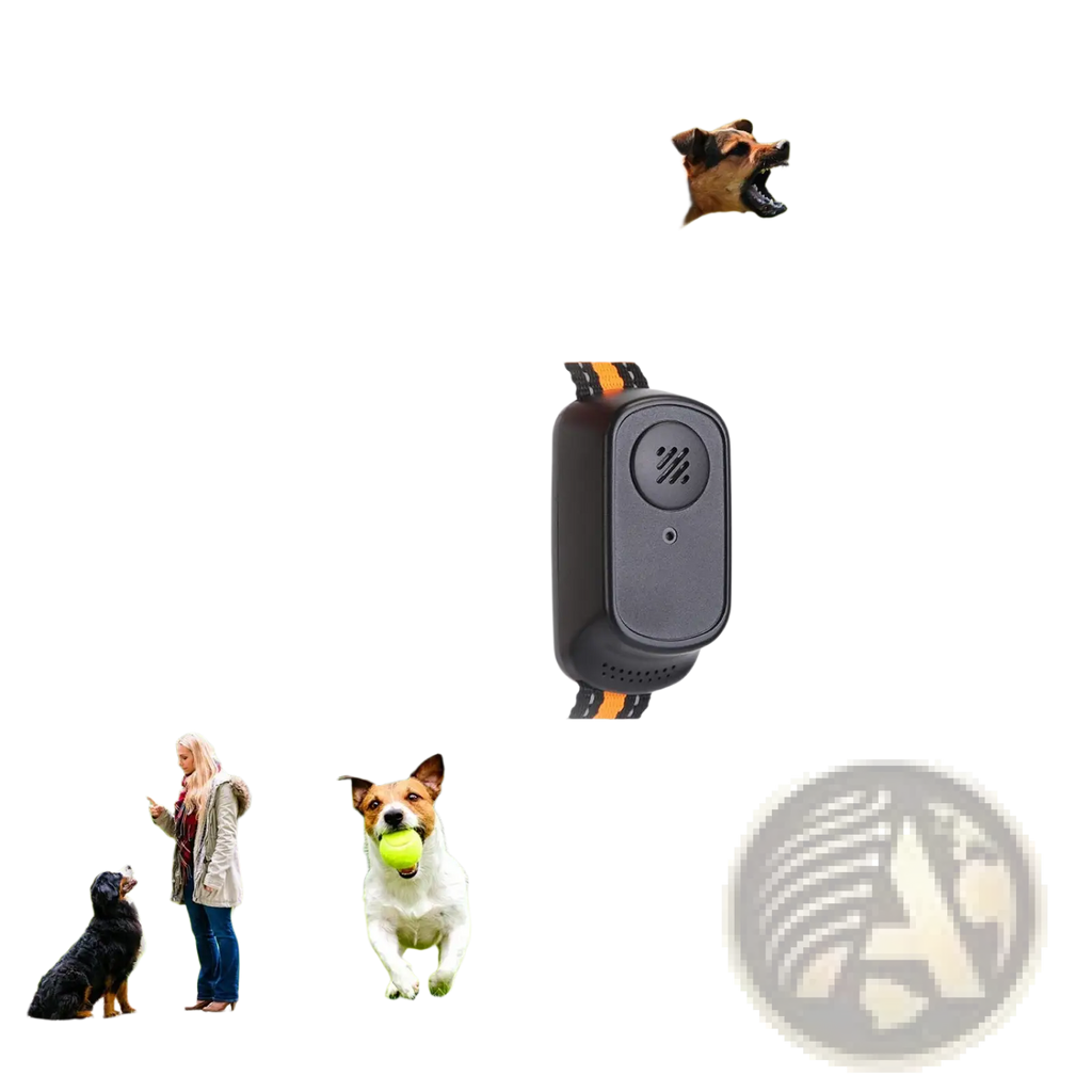 Black rectangular dog training collar with 984ft range, waterproof design, and orange black braided strap with voice record