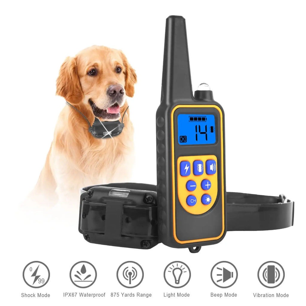 Black and yellow dog training collar with remote ip67 waterproof featuring digital display showing channel 14