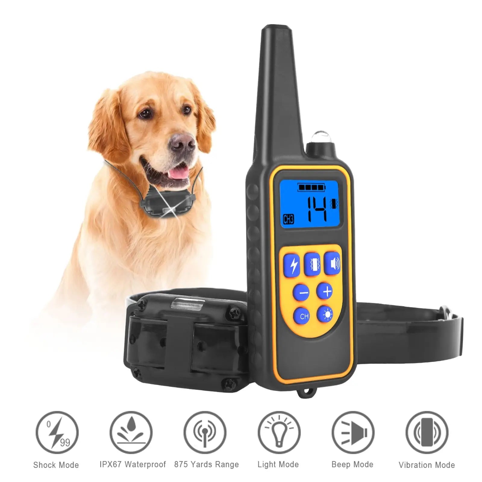 Black and yellow dog training collar with remote ip67 waterproof featuring digital display showing channel 14