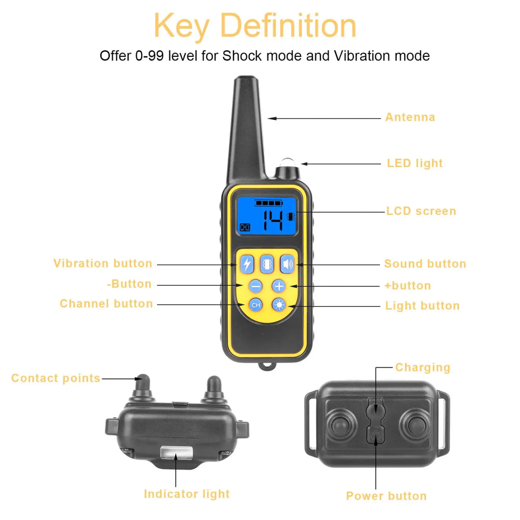 Black and yellow dog training collar remote with lcd screen antenna and buttons for shock vibration sound and light modes ip67 waterproof