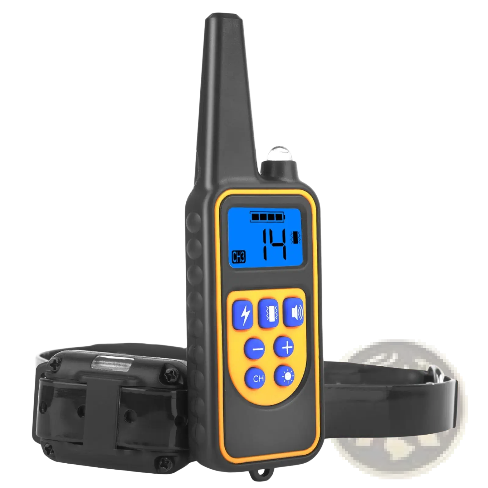 Black and yellow digital dog training collar system with waterproof remote featuring blue buttons and lcd screen channel 14