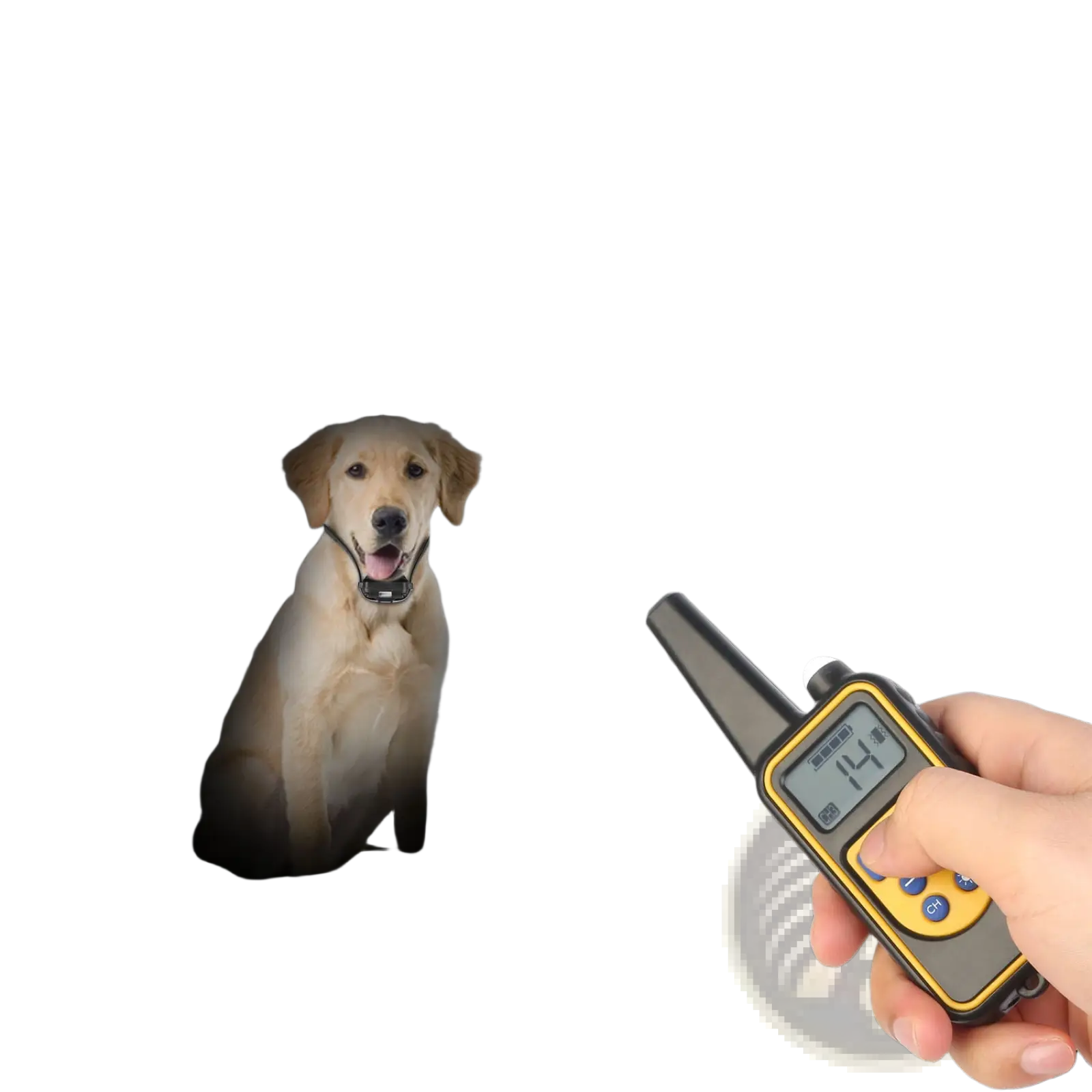 Handheld dog training remote with built-in led light black and yellow casing digital display control buttons ip67 waterproof