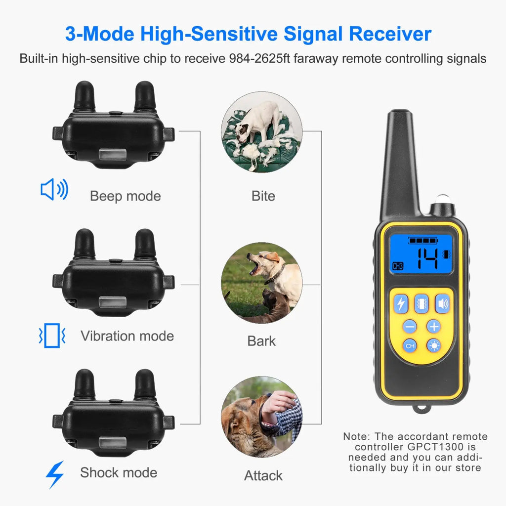 Yellow and black dog training collar remote with digital display showing number 14 ip67 waterproof design