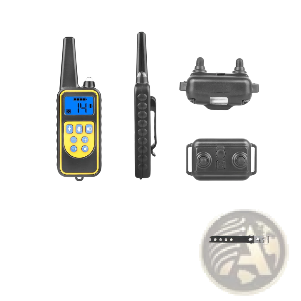Yellow and black dog training collar with ip67 waterproof remote digital display two black receiver collars and adjustable strap