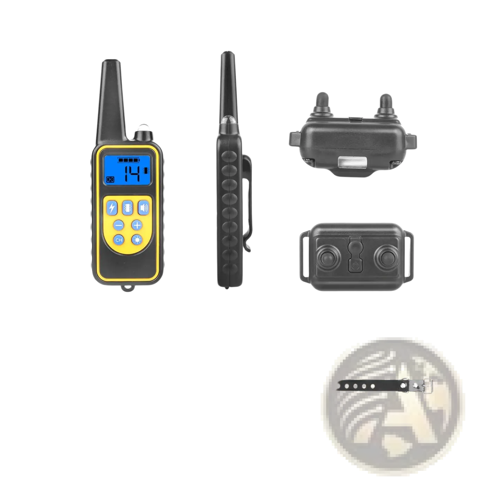 Yellow and black dog training collar with ip67 waterproof remote digital display two black receiver collars and adjustable strap