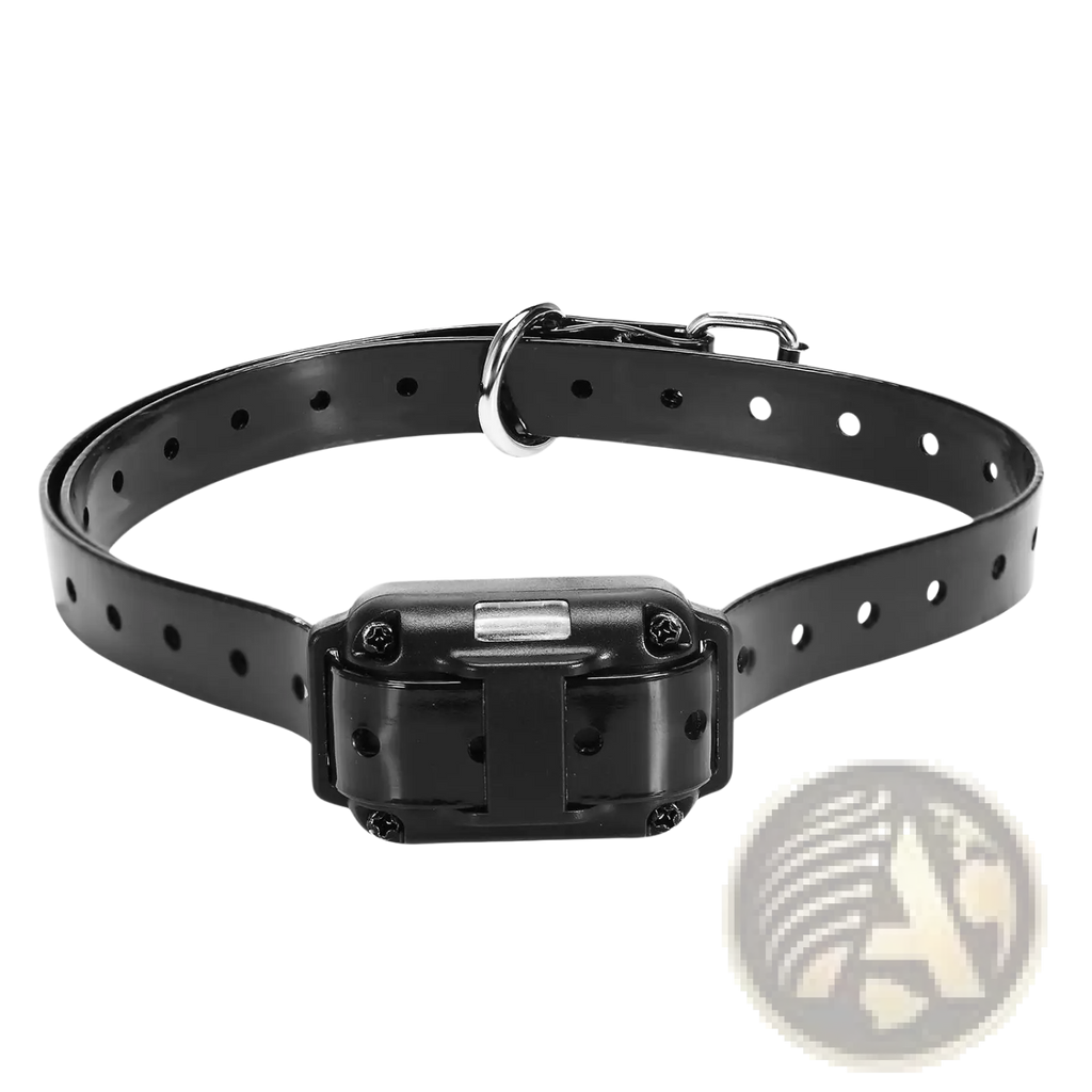 Black dog training collar with rectangular waterproof receiver unit and adjustable sizing holes for secure fit