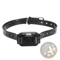 Black dog training collar with rectangular waterproof receiver unit and adjustable sizing holes for secure fit