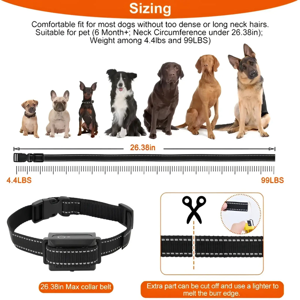 Black nylon dog training collar with reflective white stitching and a black plastic buckle for waterproof receiver use