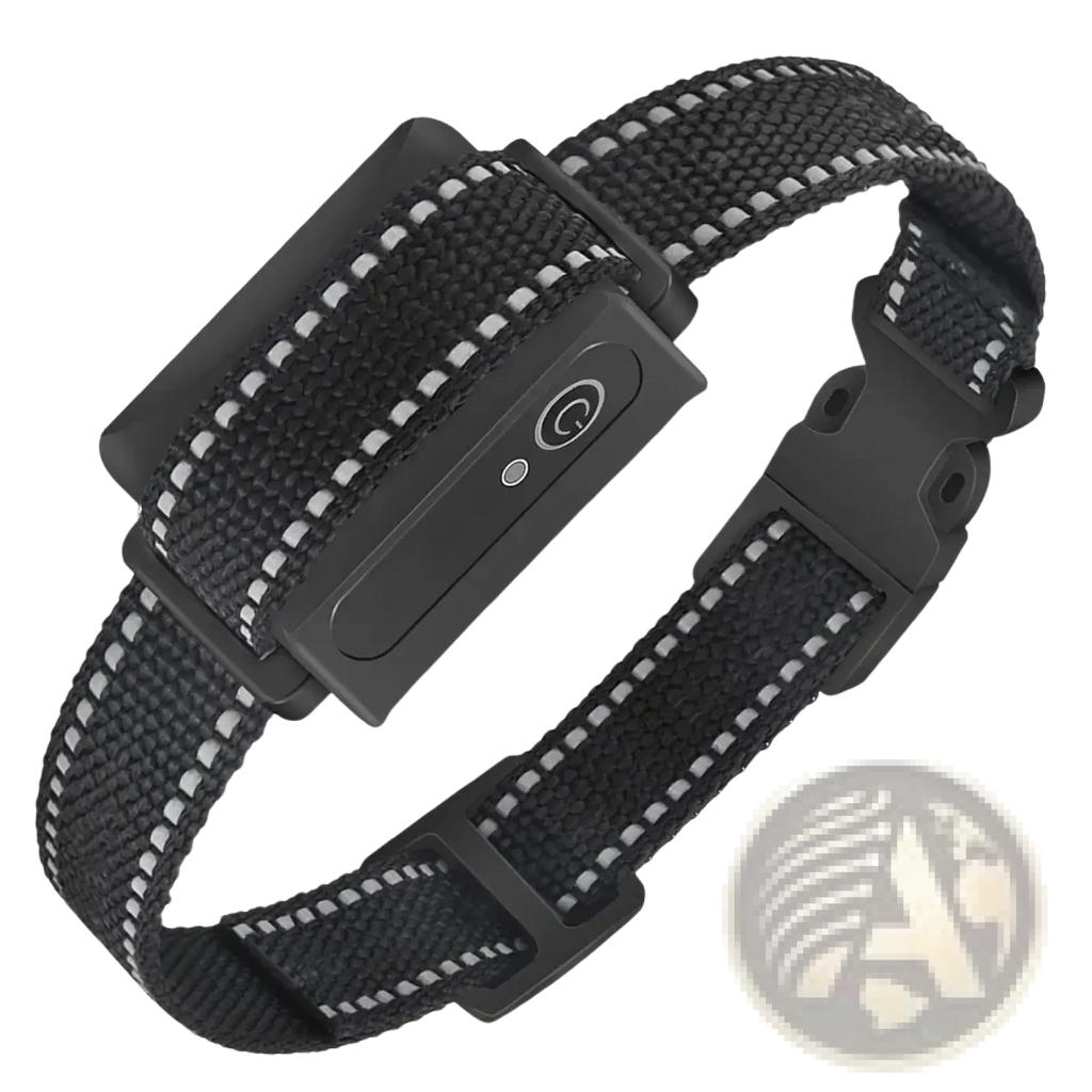 Black woven dog training collar with reflective white stitching and integrated electronic control unit 3280ft range
