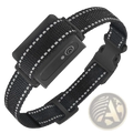 Black woven dog training collar with reflective white stitching and integrated electronic control unit 3280ft range