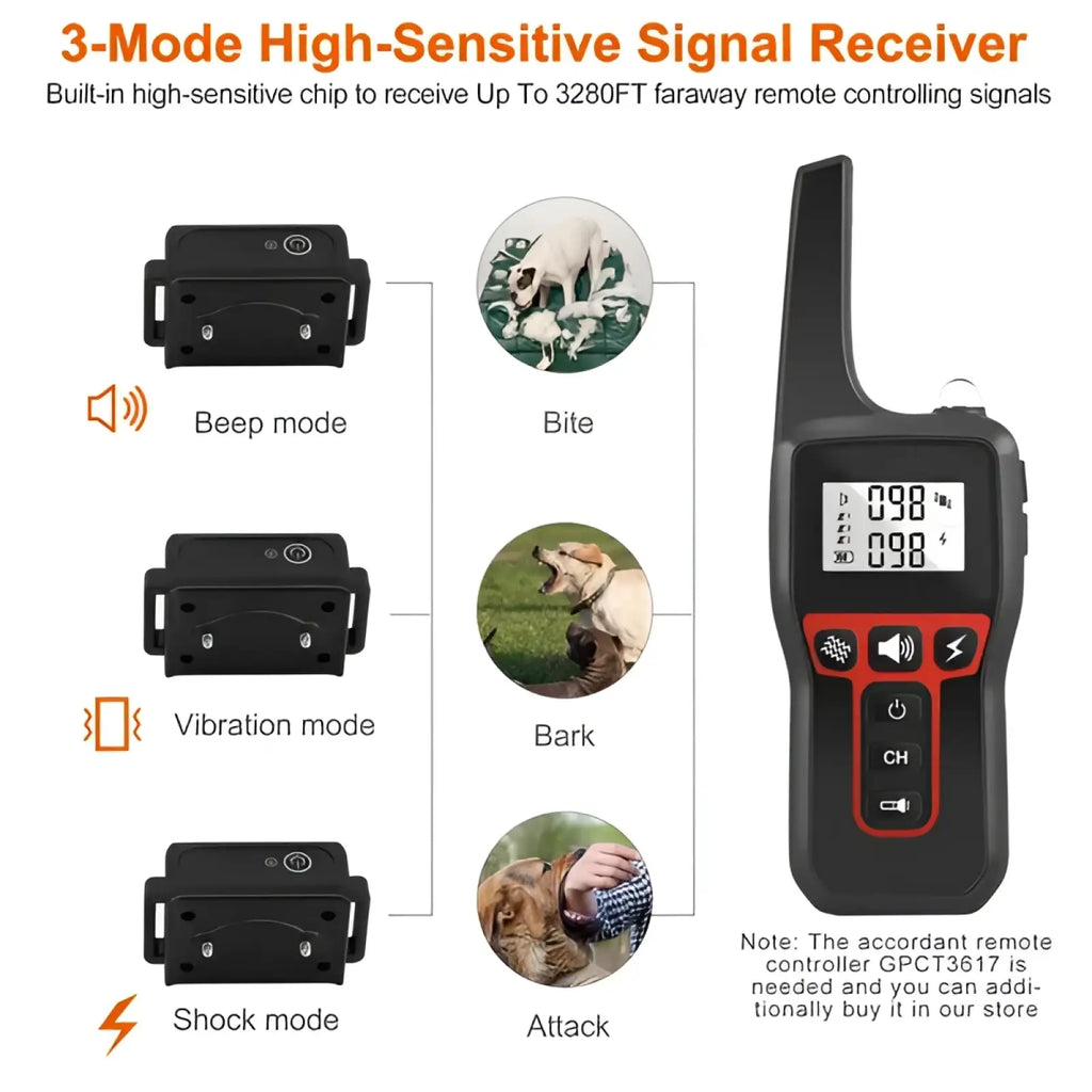 Black and red handheld waterproof dog training collar remote with digital display showing signal strength for 3280ft range