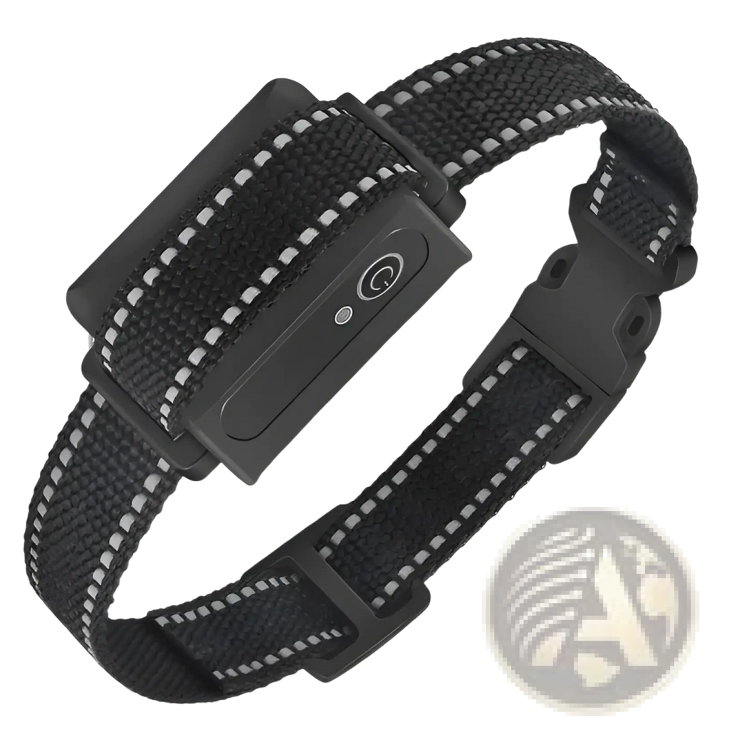 Black woven dog training collar with reflective white stitching and waterproof electronic transmitter for 3280ft range