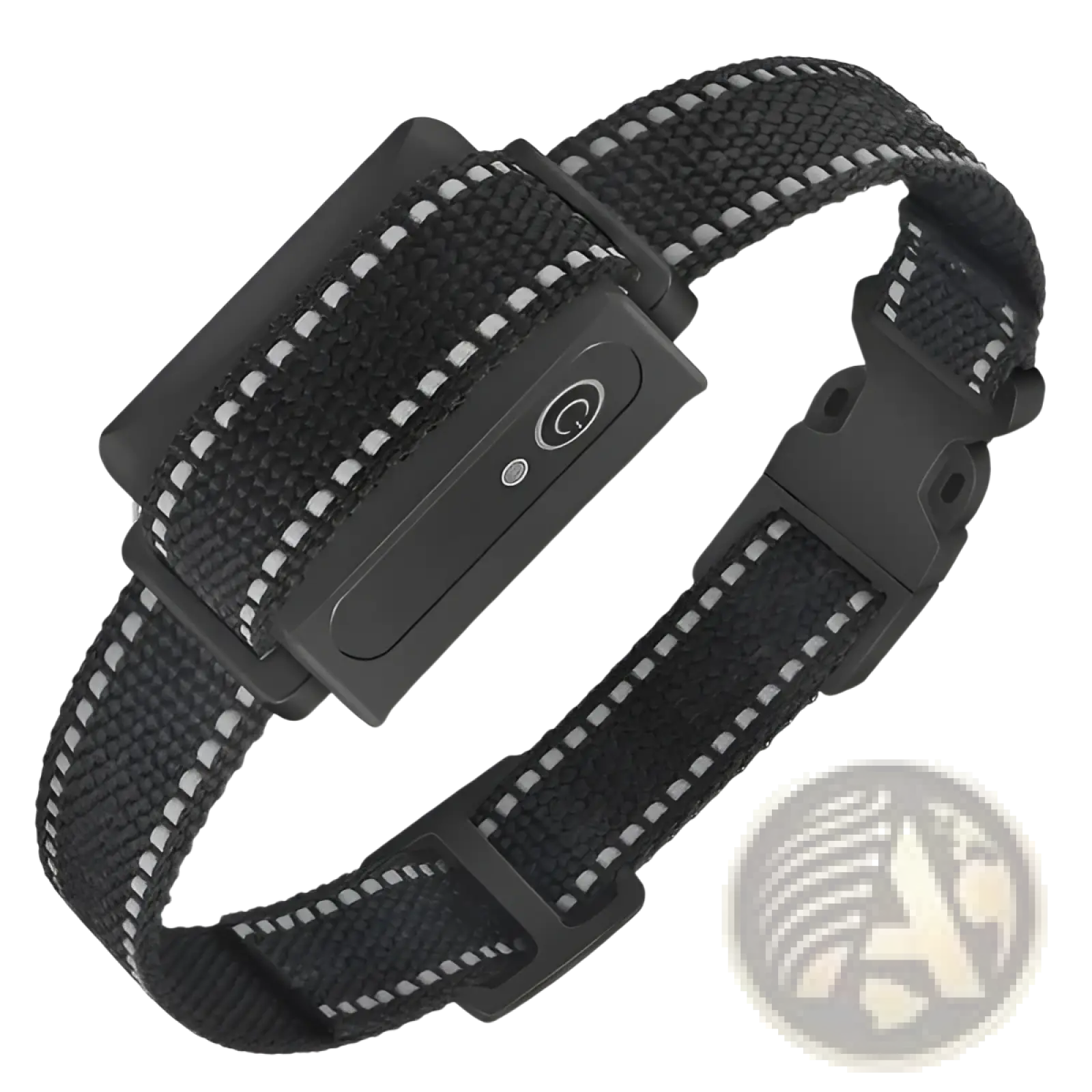Black woven dog training collar with reflective white stitching and waterproof electronic transmitter for 3280ft range