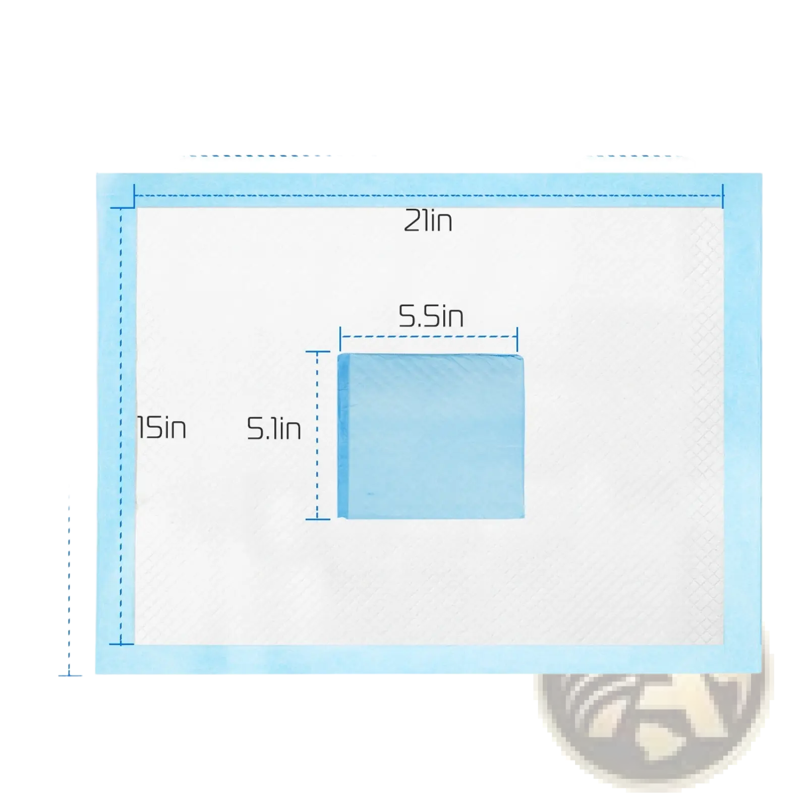 Light blue absorbent dog training pad with white center and border measuring 24 by 21 inches for puppy pee mats
