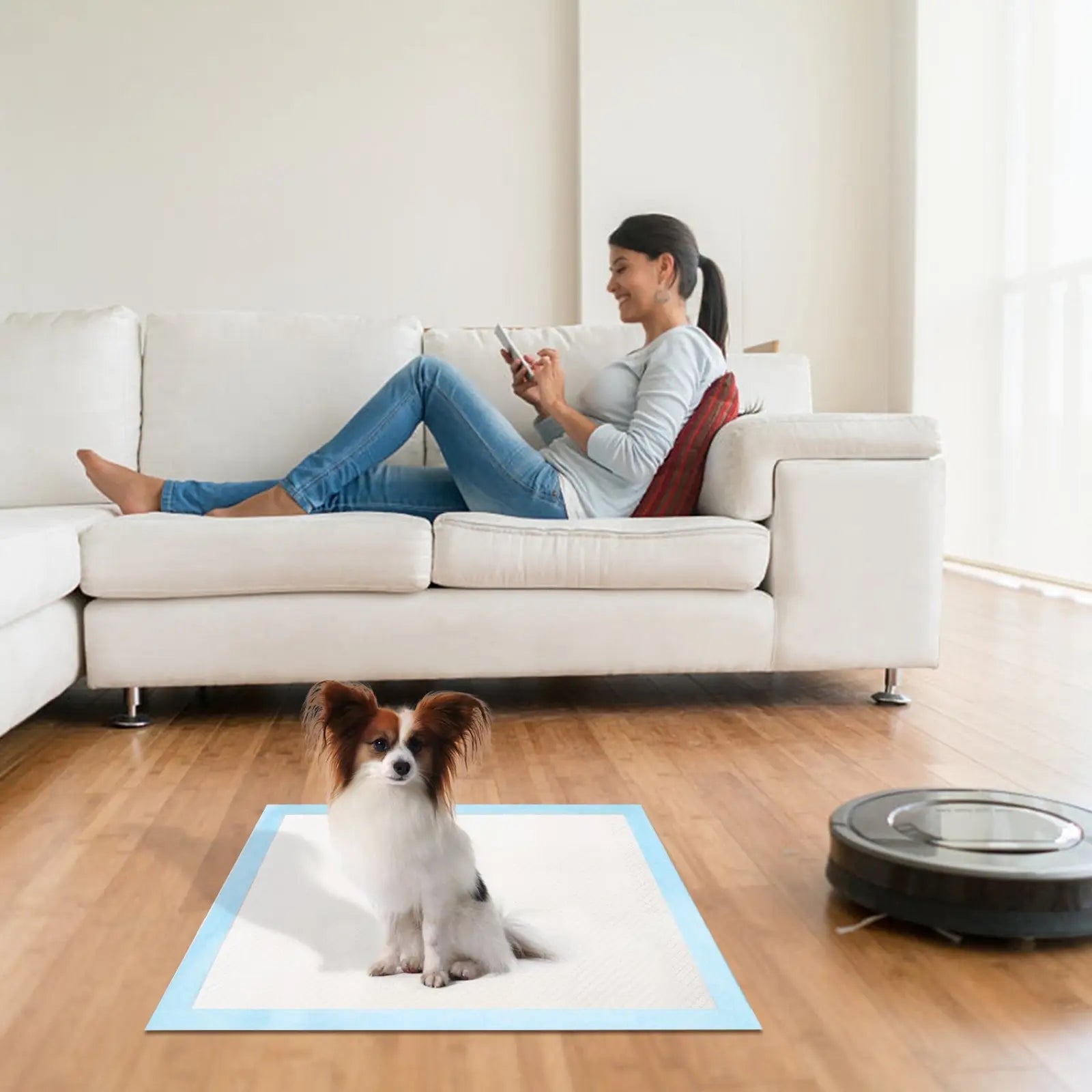 A white and brown papillon dog sits on a light blue-bordered absorbent dog training pad 24x18 inch 50-count pack