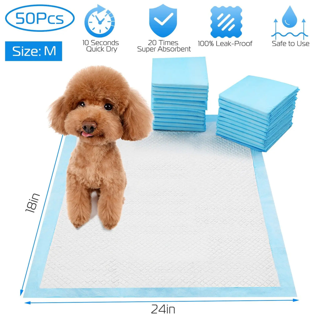 Light blue absorbent dog training pad with white textured center and reinforced edges for puppy pee mats 50 count 24x18 inch