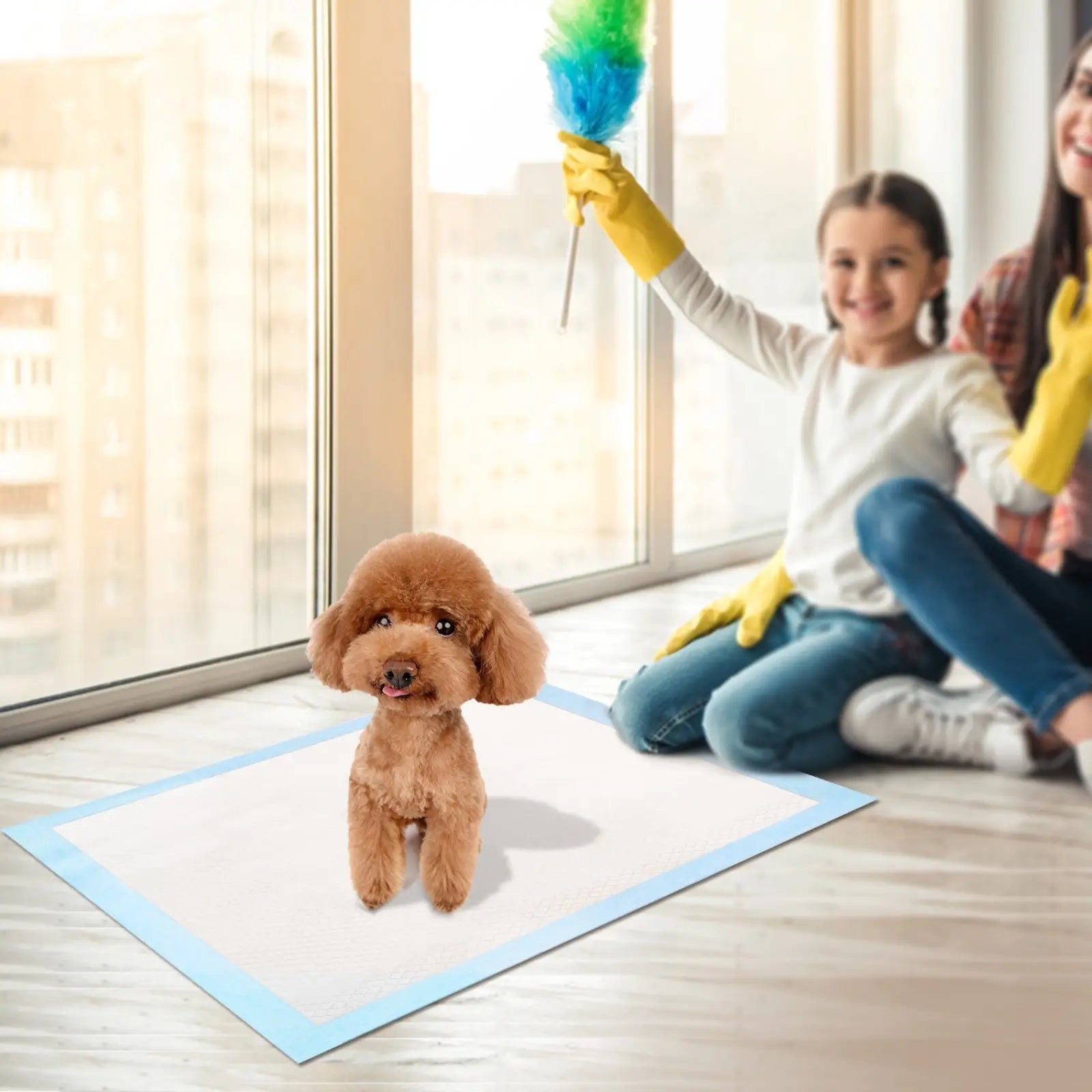 Light blue bordered dog training pad 50 count with fluffy brown poodle standing on 24x18 inch puppy pee mat