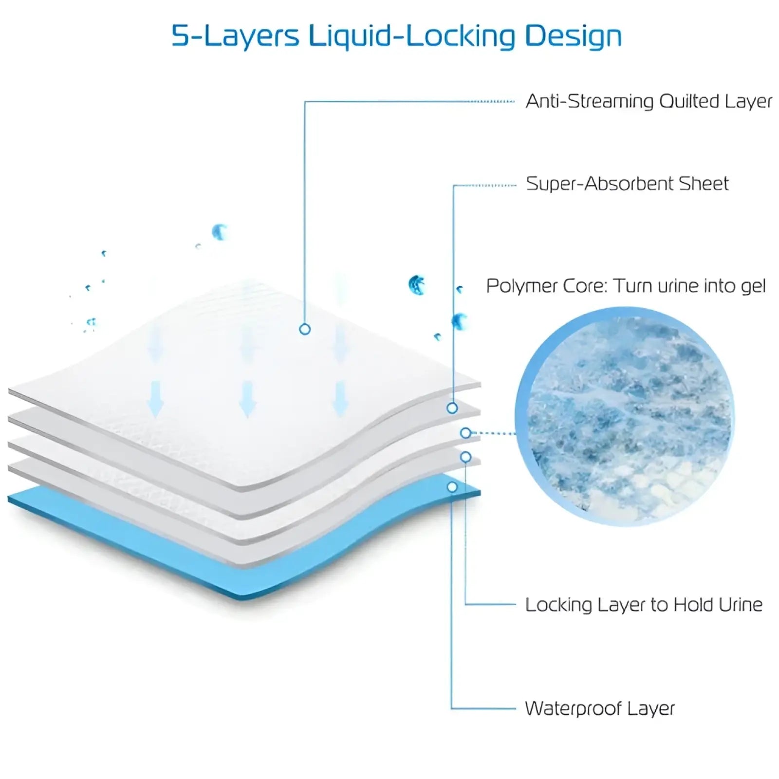 White and blue layered absorbent dog training pad with five technical layers for effective liquid containment 50 pack