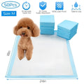 Light blue absorbent dog training pads with white textured center and reinforced edges in a 50 pack for pet pee mats