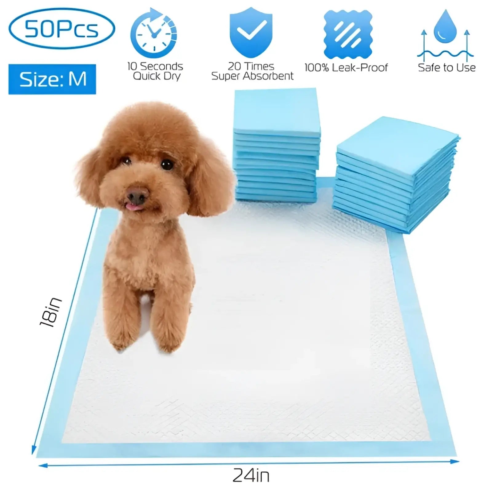 Light blue absorbent dog training pads with white textured center and reinforced edges in a 50 pack for pet pee mats