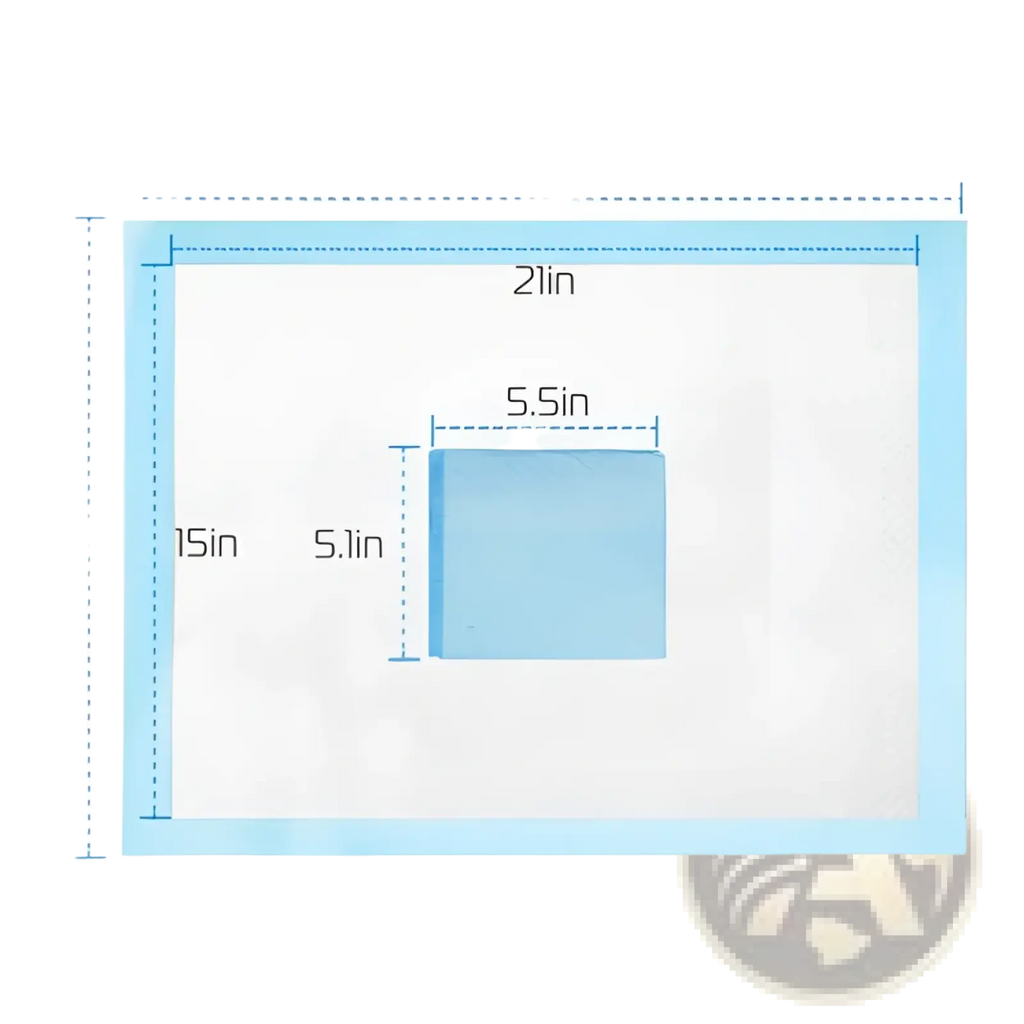 Light blue rectangular absorbent dog training pad with labeled dimensions for pet pee mats 50 pack