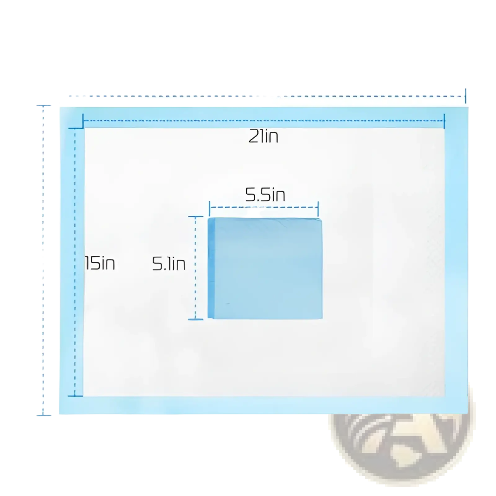 Light blue rectangular absorbent dog training pad with labeled dimensions for pet pee mats 50 pack