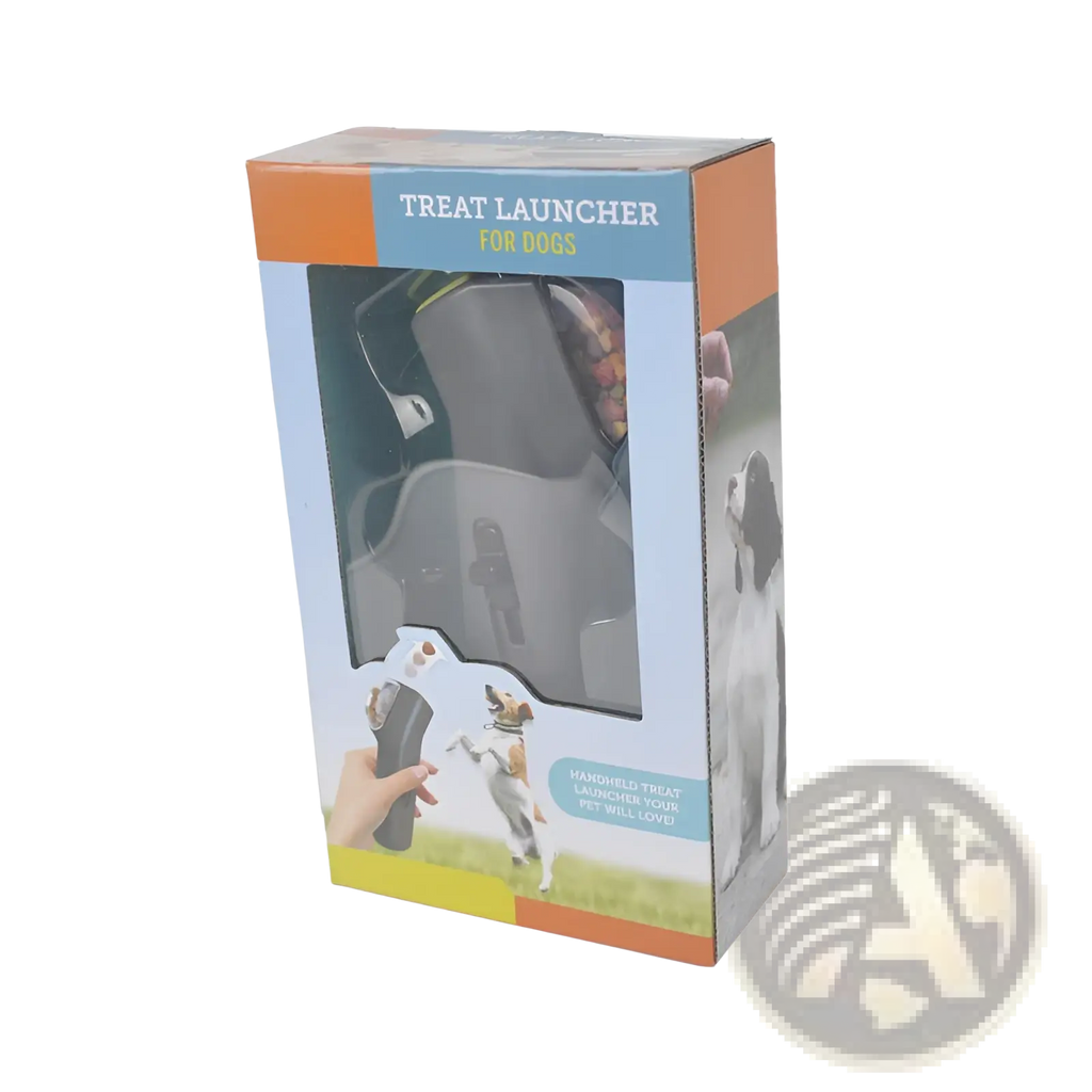 Gray plastic dog training snack launcher packaged in colorful orange and blue cardboard box for pet treat shooting