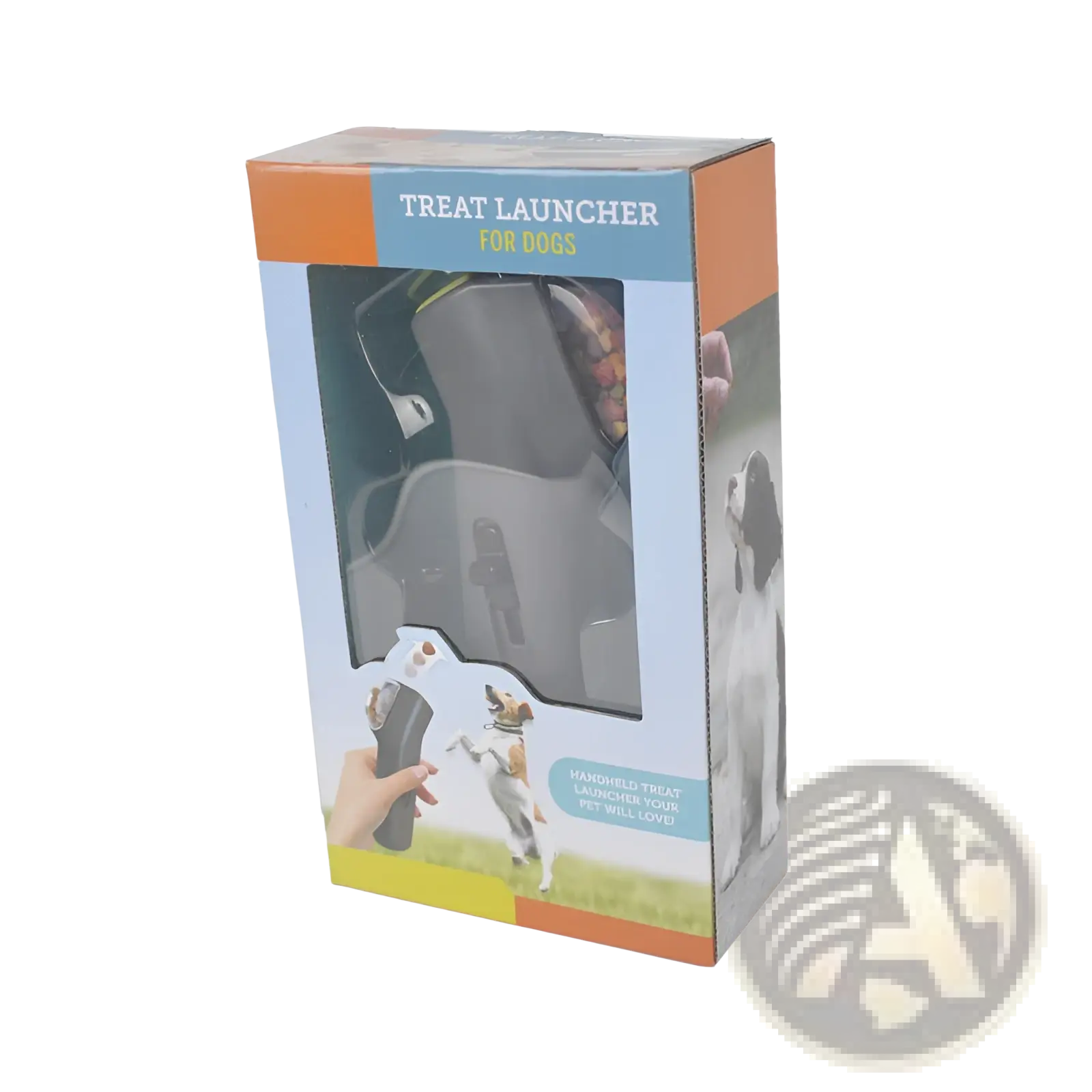 Gray plastic dog training snack launcher packaged in colorful orange and blue cardboard box for pet treat shooting