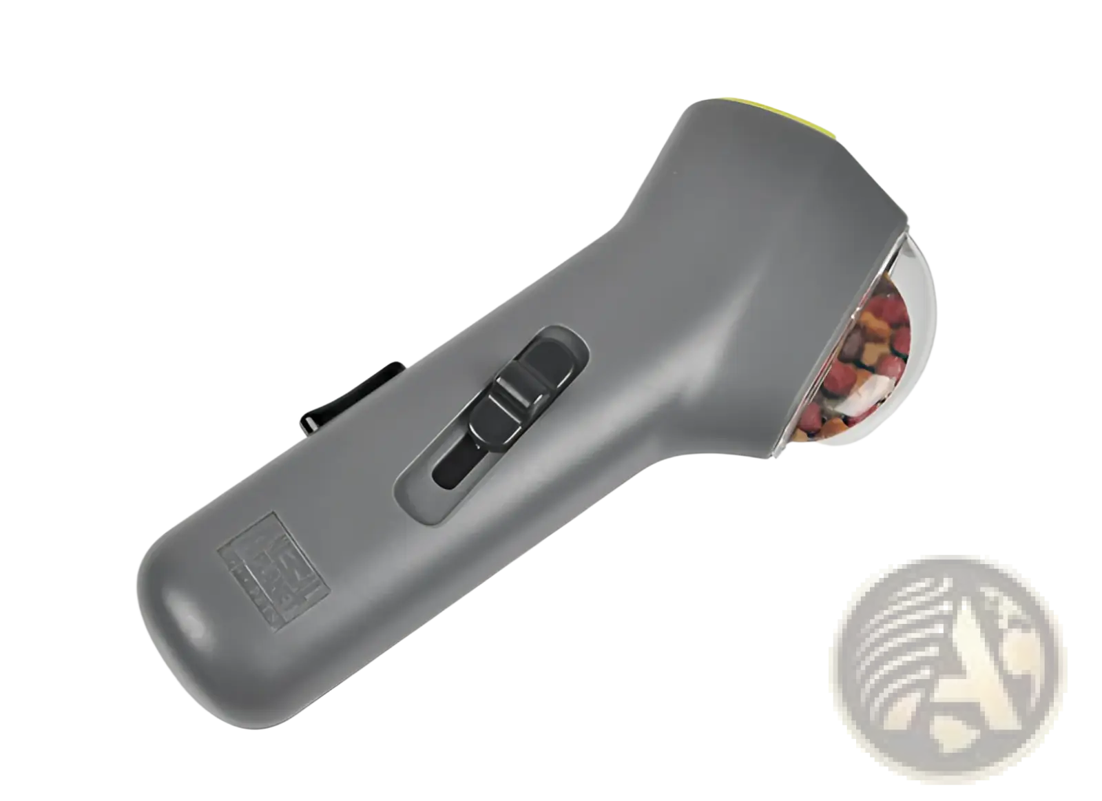 Gray handheld pill organizer with transparent compartment and black sliding mechanism for dog training snack launcher