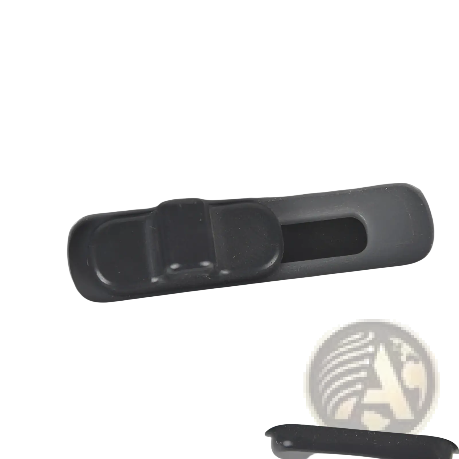 Gray plastic slide switch with black slider on gray housing of dog training snack launcher pet treat shooter
