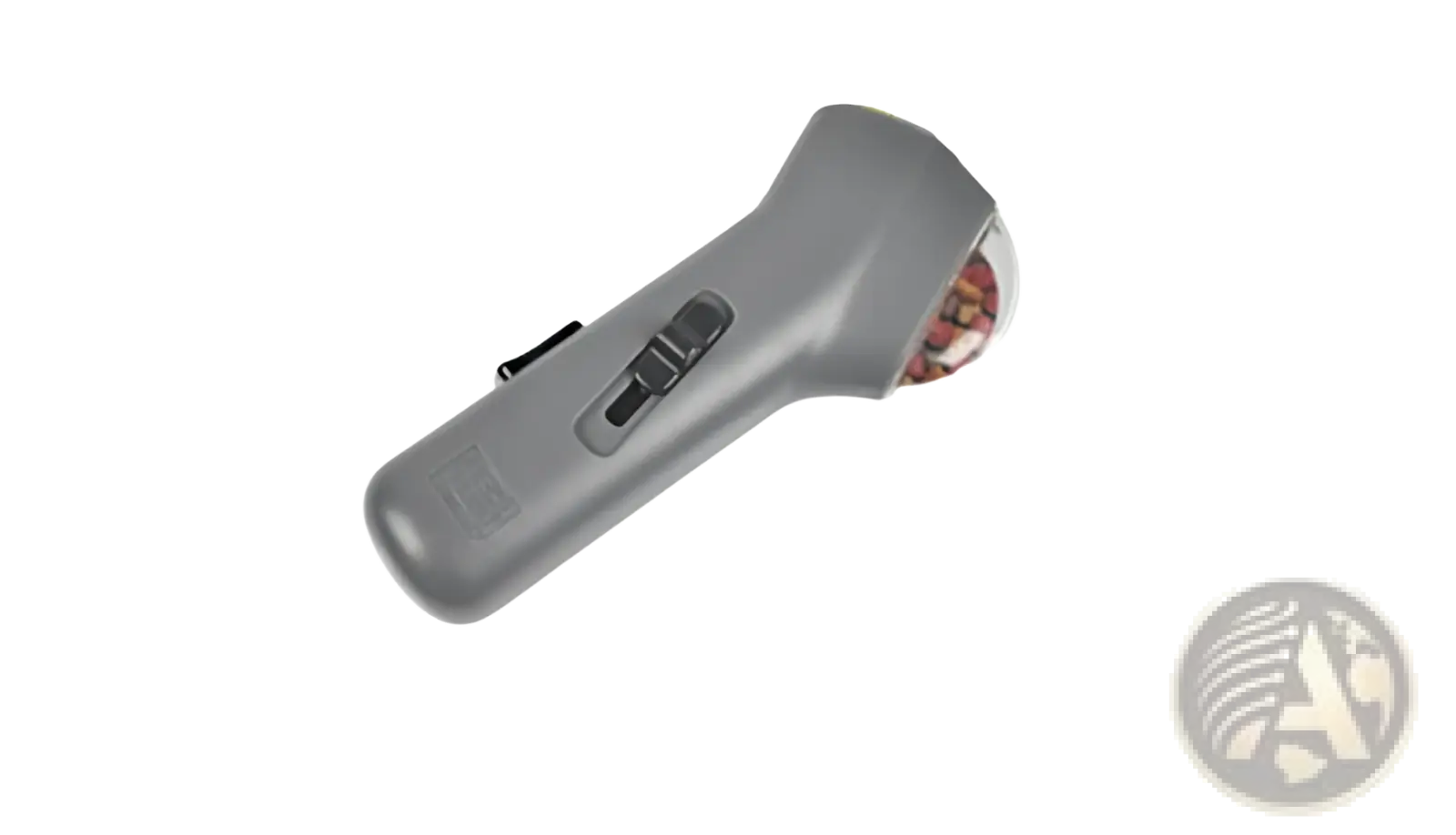 Gray plastic dog training snack launcher with rounded handle and transparent dome showing colorful internal components