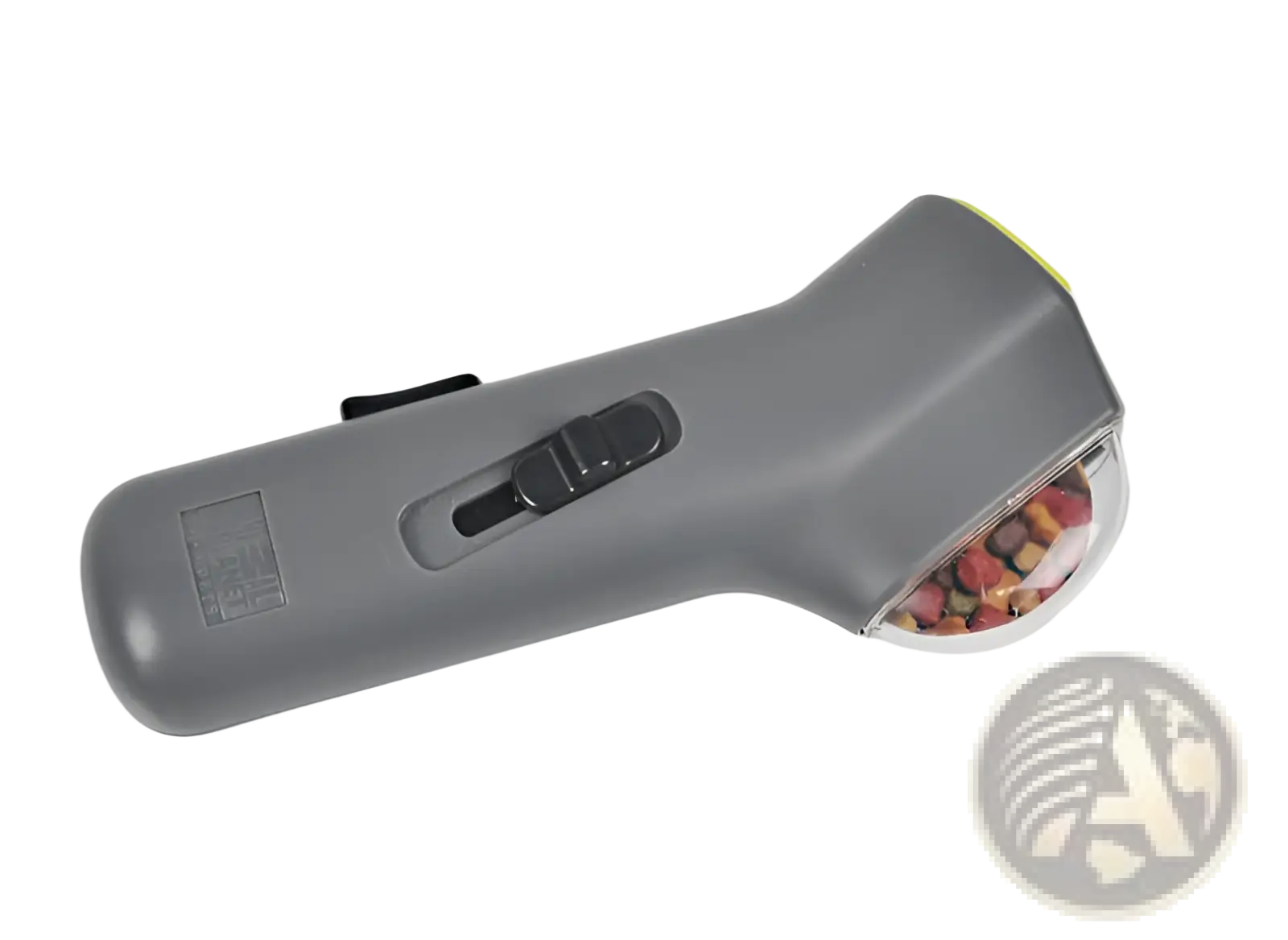 Gray handheld pet hair remover with transparent chamber filled with colorful fur and black trigger for dog training snack launcher