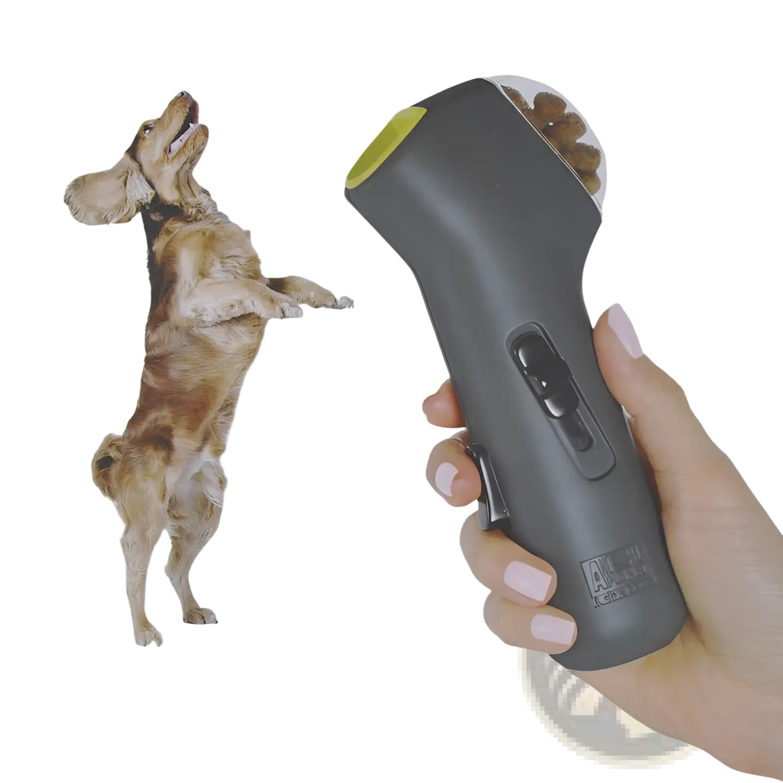 Gray and lime green handheld dog training snack launcher with textured grip and visible button controls for pet treats